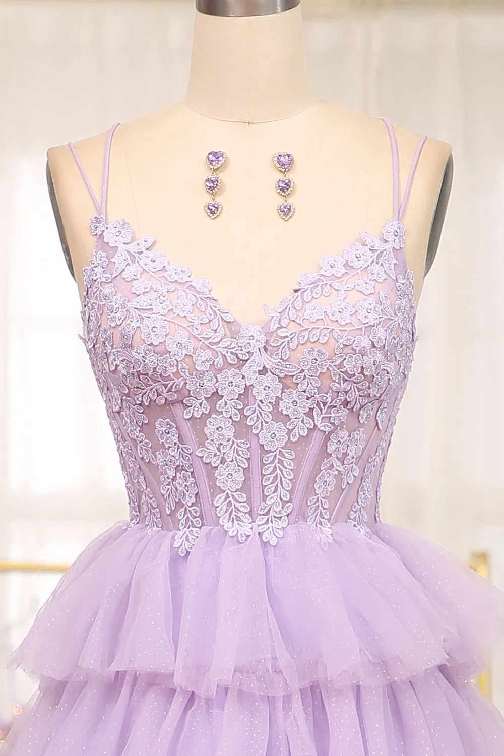 A Line Spaghetti Straps Princess Long Prom Dress with Ruffles Appliques
