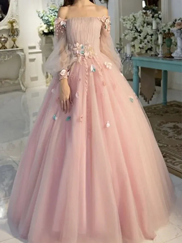 Artistic Ball Gown Off-the-Shoulder Long Sleeves Floor-Length Tulle Prom Dresses