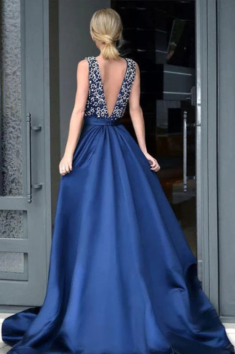 Elegant A-line Dark Blue Deep V-neck Satin with Beading Sweep Train Backless Prom Dress