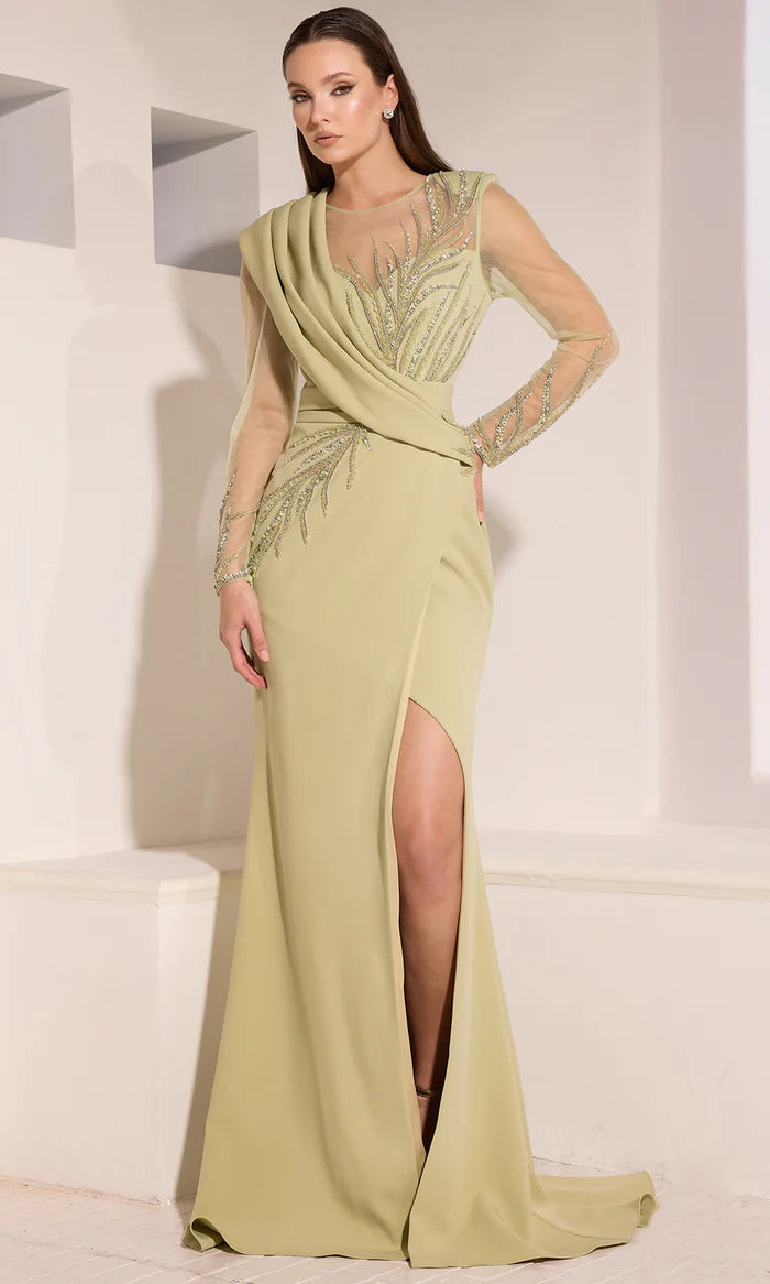 Elegant Sheath Ruched Split Appliques Prom Dresses