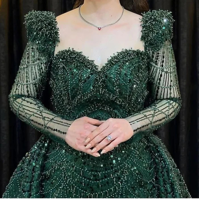Elegant Green Applique Prom Dress Long Sleeve Mermaid Evening Gowns with Beadings