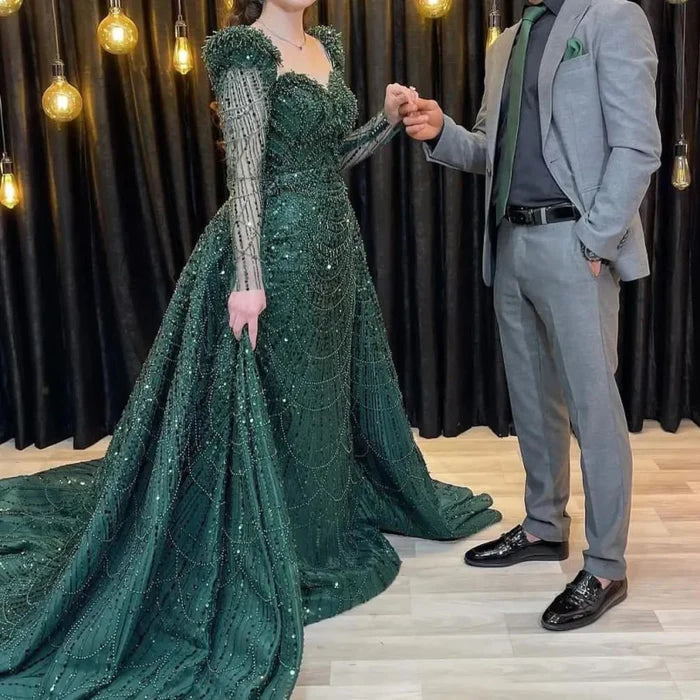 Elegant Green Applique Prom Dress Long Sleeve Mermaid Evening Gowns with Beadings