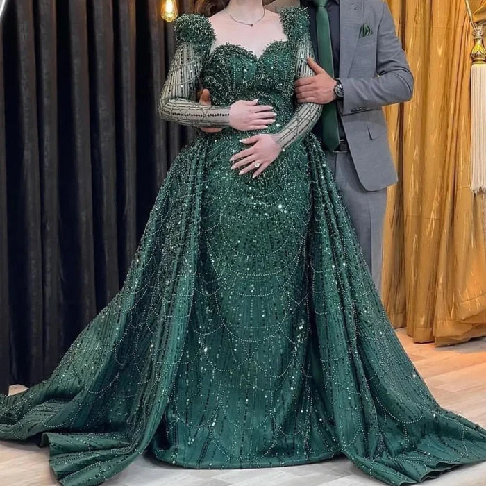 Elegant Green Applique Prom Dress Long Sleeve Mermaid Evening Gowns with Beadings