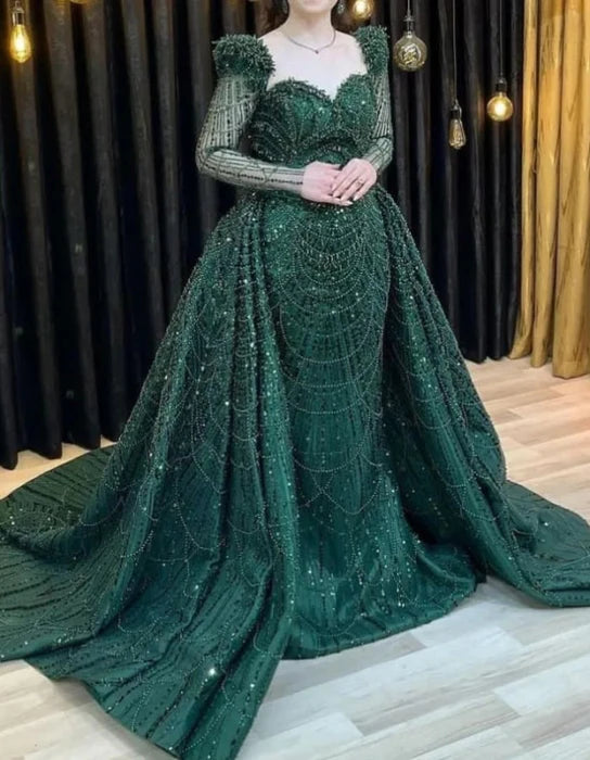 Elegant Green Applique Prom Dress Long Sleeve Mermaid Evening Gowns with Beadings