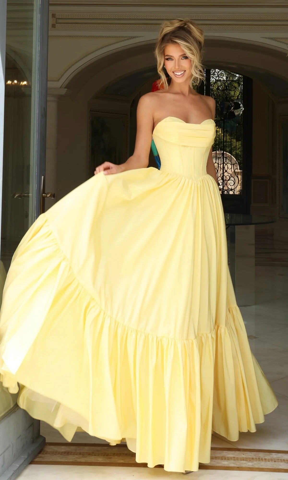 Strapless Long Ruffled Ruched Prom Dress
