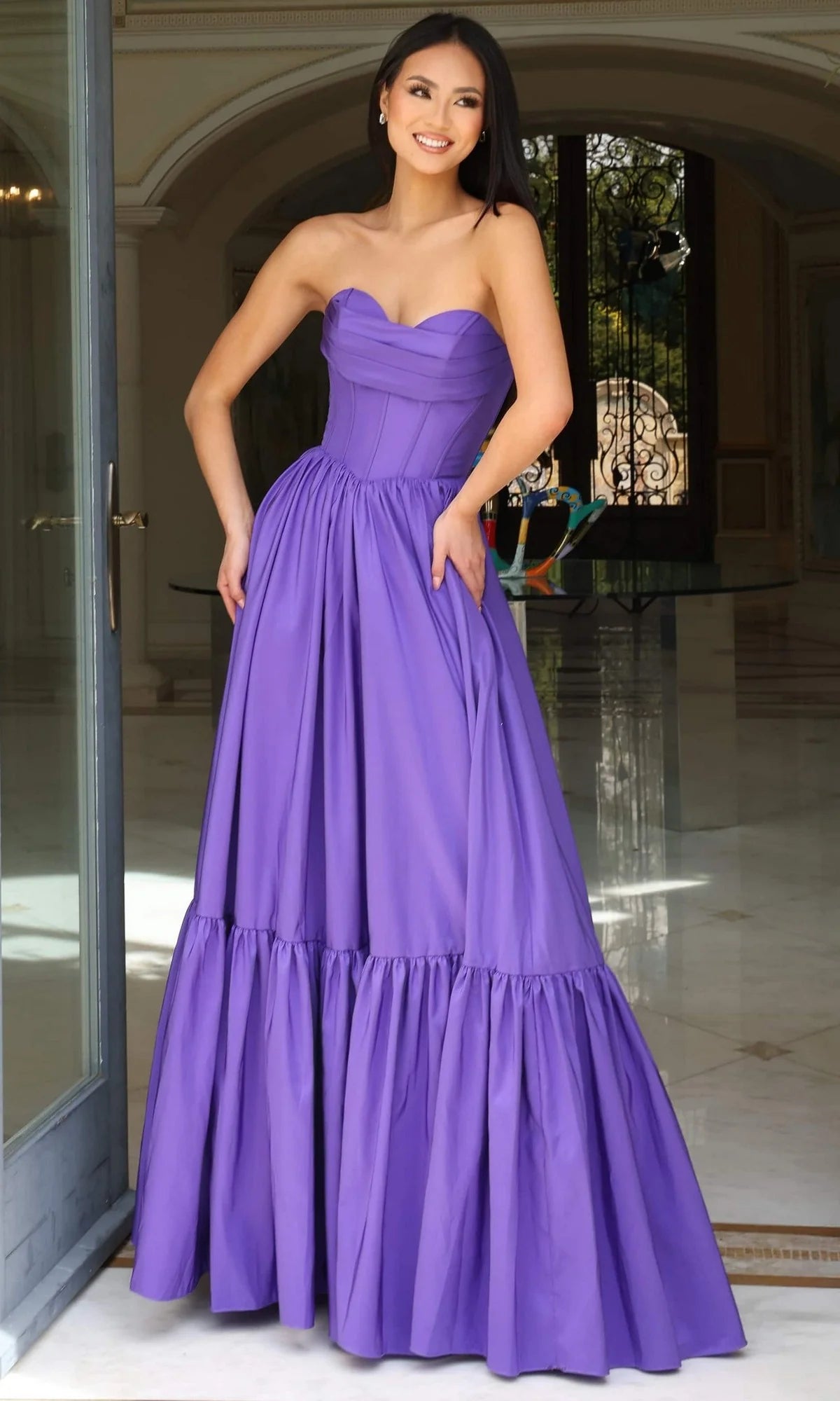 Strapless Long Ruffled Ruched Prom Dress