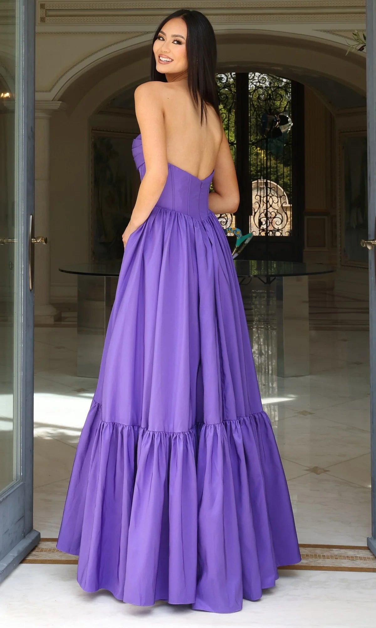 Strapless Long Ruffled Ruched Prom Dress