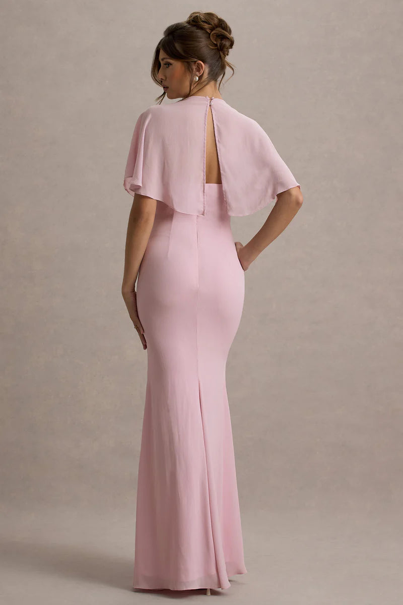 Pale Pink Plunge-Neck Prom Dresses With High Front Split
