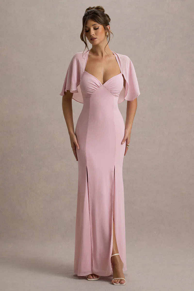 Pale Pink Plunge-Neck Prom Dresses With High Front Split