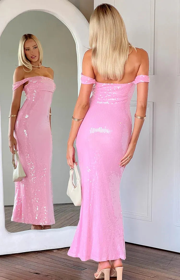 Pink Sequin Off Shoulder Formal Maxi Dress
