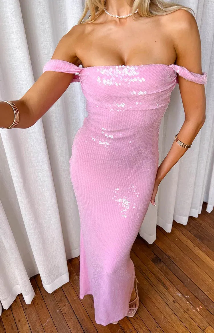 Pink Sequin Off Shoulder Formal Maxi Dress