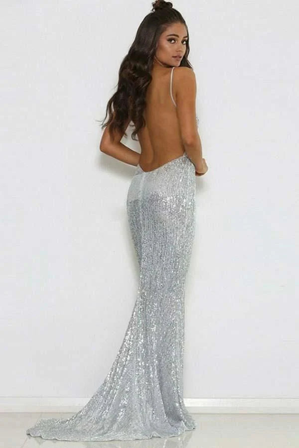 Modest Long Mermaid V-neck Sequined Open Back Prom Dress