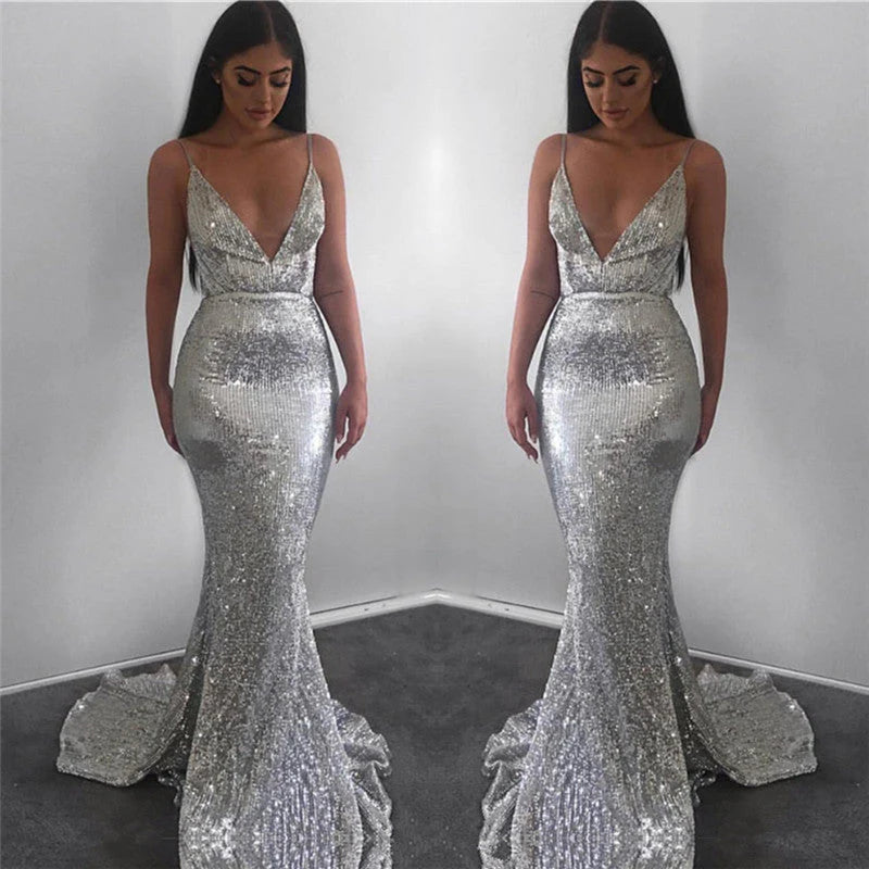Modest Long Mermaid V-neck Sequined Open Back Prom Dress