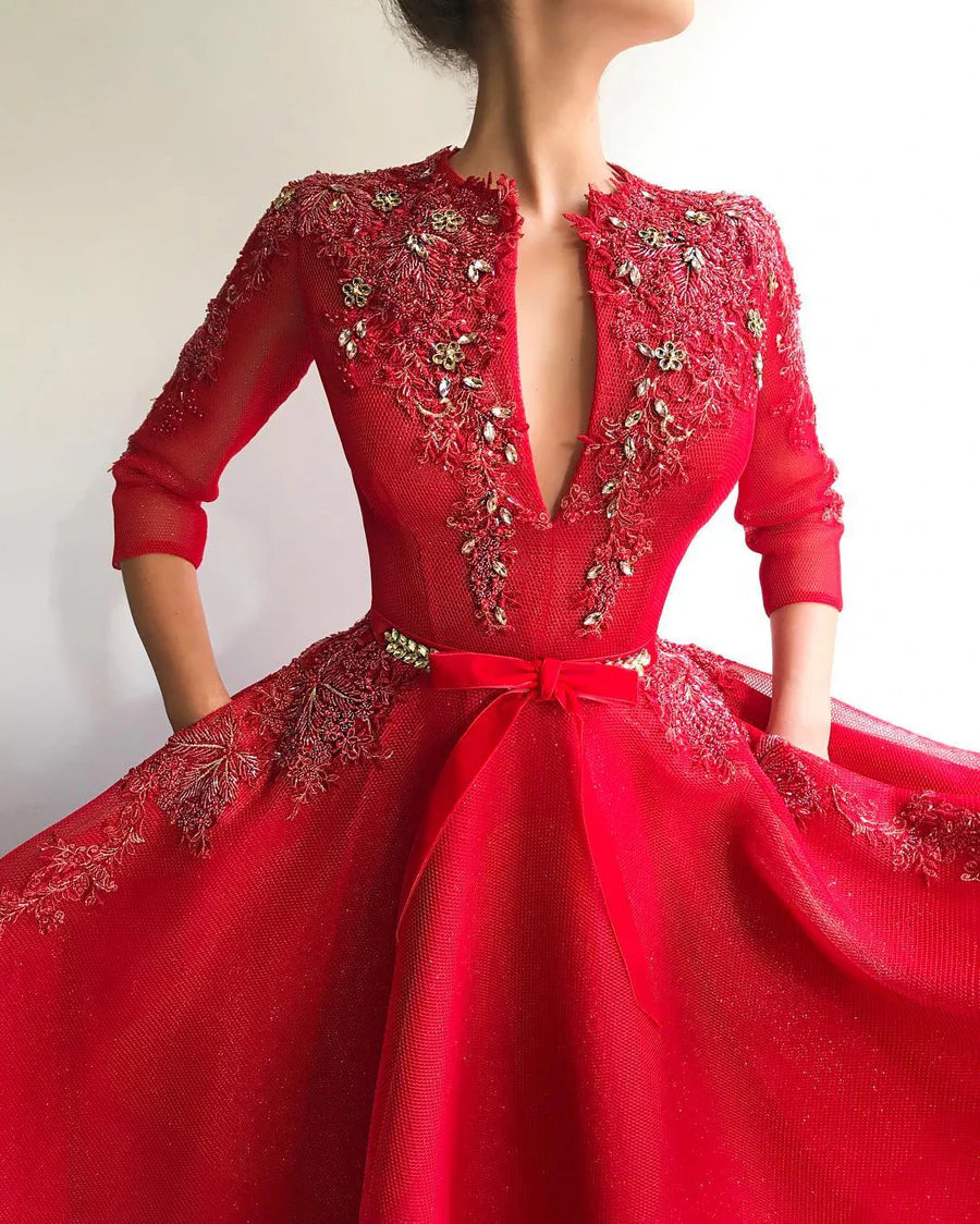 Red Long A-line Deep V-neck Tulle Prom Dress with Sleeves
