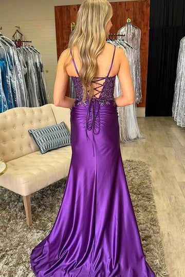 Satin Mermaid V-Neck Sleeveless Appliques Party Prom Dress