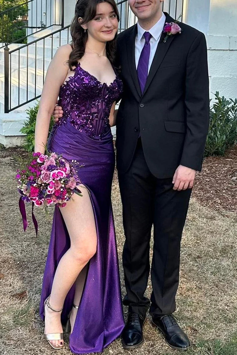 Satin Mermaid V-Neck Sleeveless Appliques Party Prom Dress