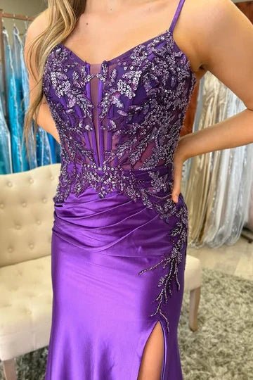 Satin Mermaid V-Neck Sleeveless Appliques Party Prom Dress