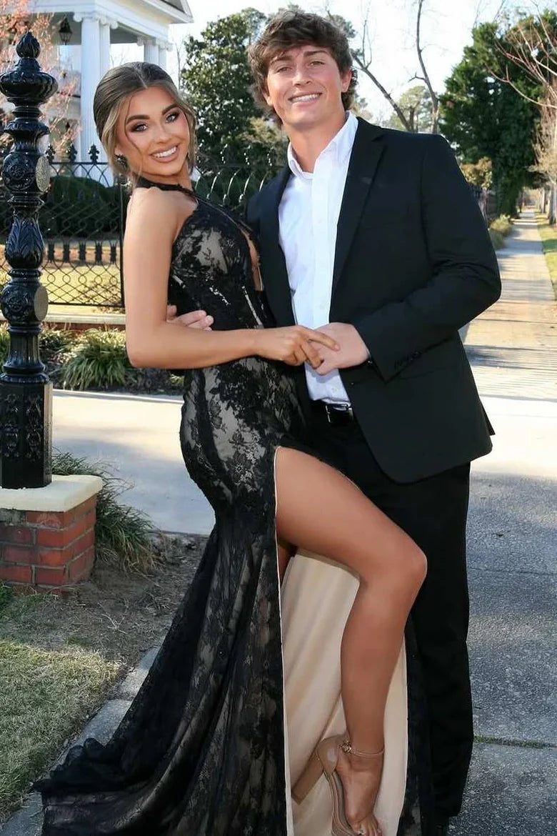 Sexy Halter Sleeveless Mermaid Lace Party Prom Dress With Slit