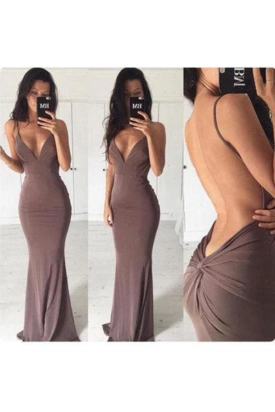 Chic Backless Sheath Long Evening Dress Spaghetti Strap Formal Dresses
