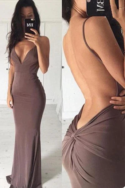 Chic Backless Sheath Long Evening Dress Spaghetti Strap Formal Dresses