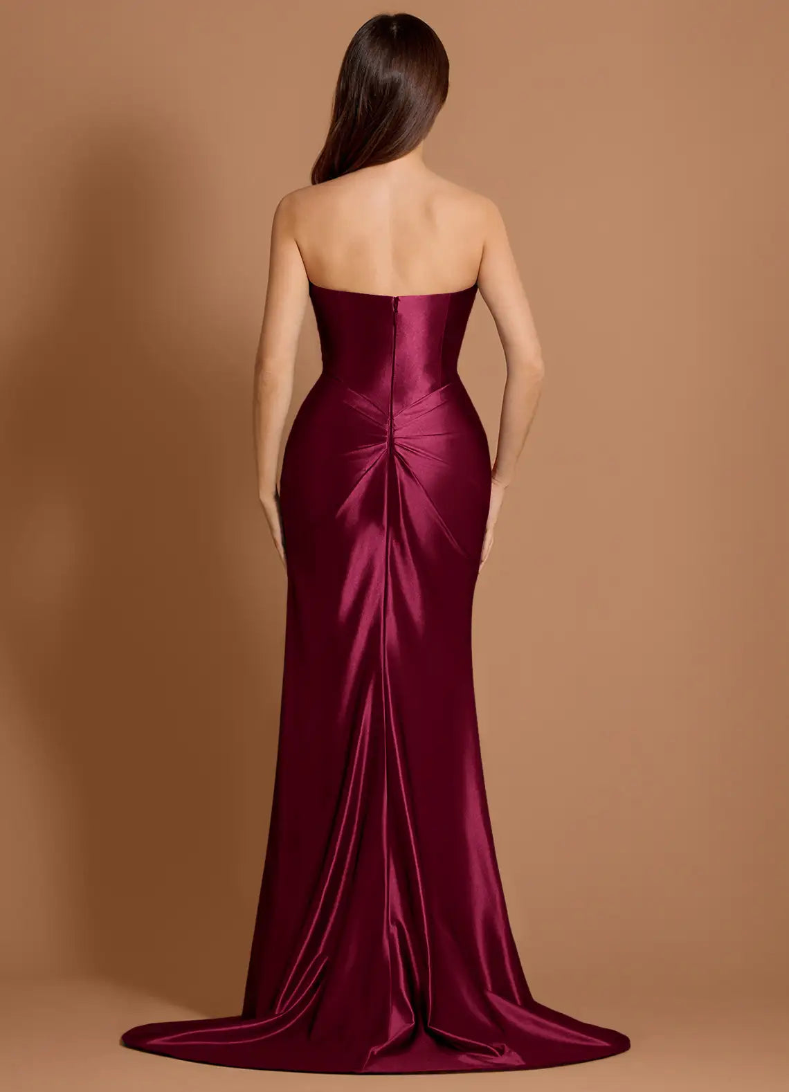 Chic Strapless Ruched Wine Split Prom Dresses