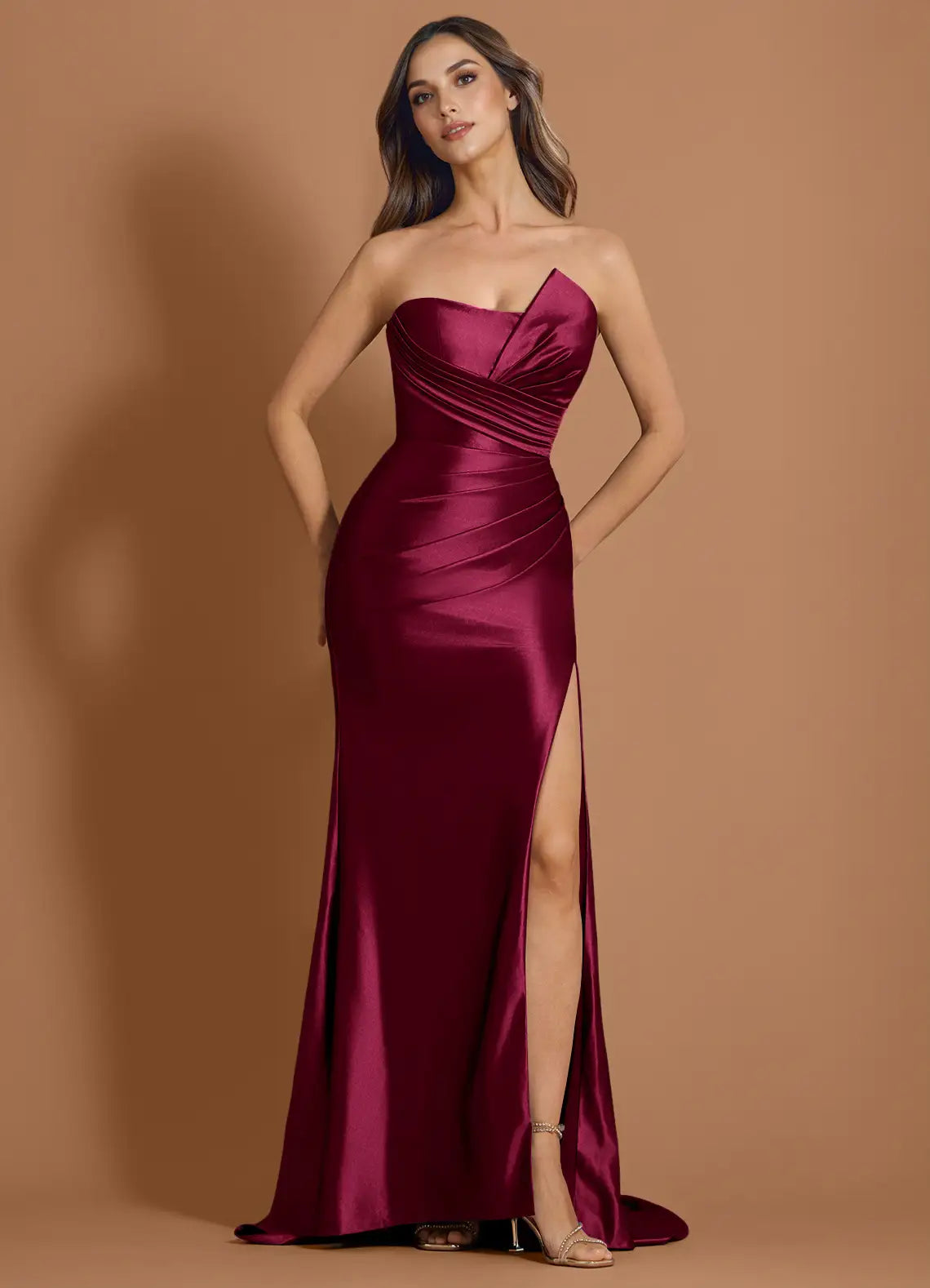 Chic Strapless Ruched Wine Split Prom Dresses