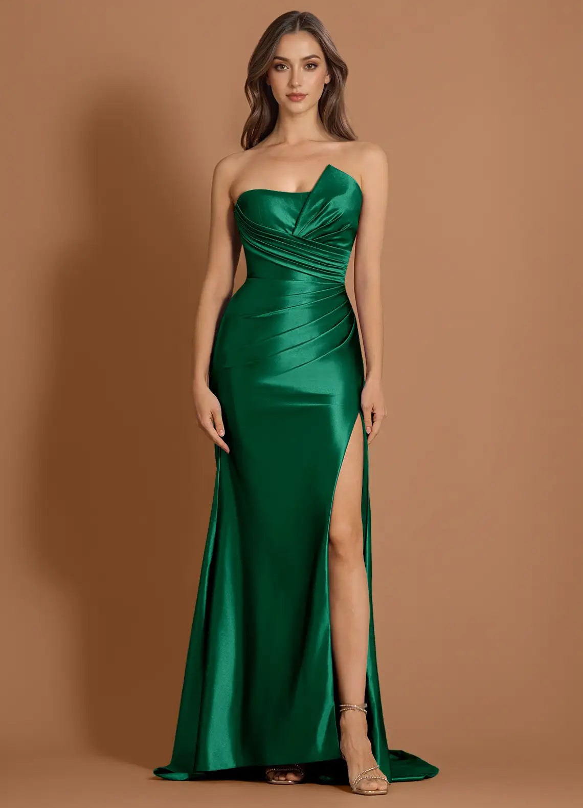 Chic Strapless Ruched Wine Split Prom Dresses