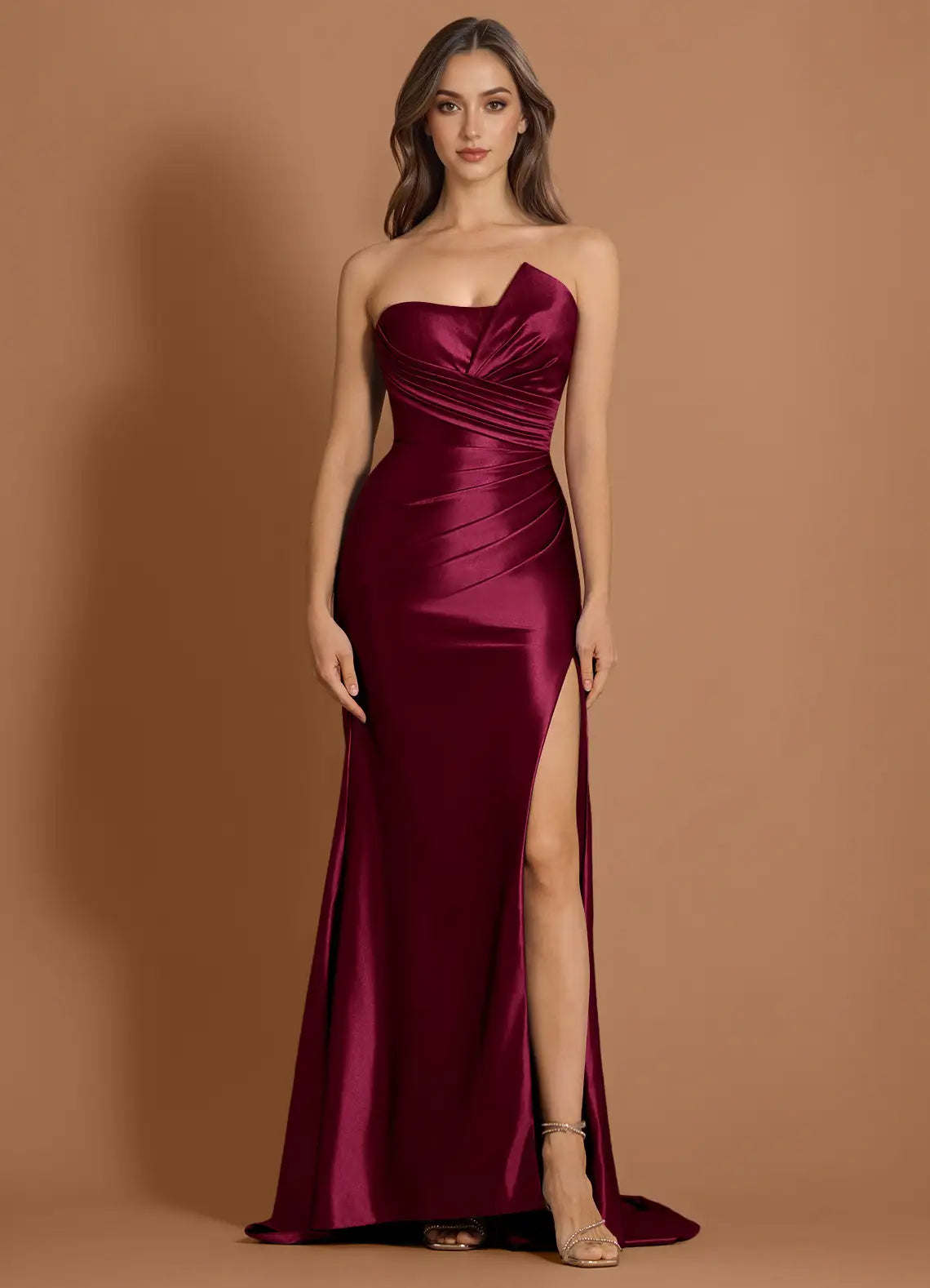 Chic Strapless Ruched Wine Split Prom Dresses