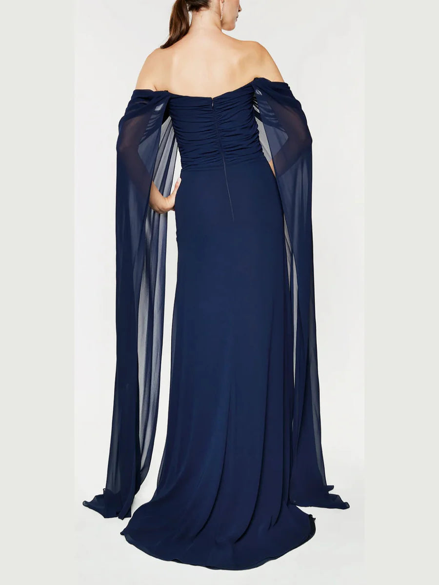 A-Line/Princess Strapless Sleeveless Chiffon Floor-Length Evening Dress with Watteau Train
