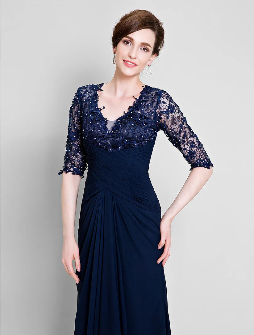 A-Line Mother of the Bride Dress See Through V Neck Floor Length Chiffon Lace Half Sleeve No with Lace Beading