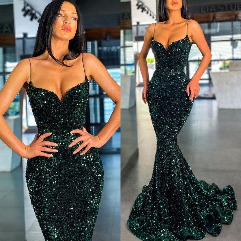 Spaghetti-Straps Dark green Mermaid Prom Dress Long