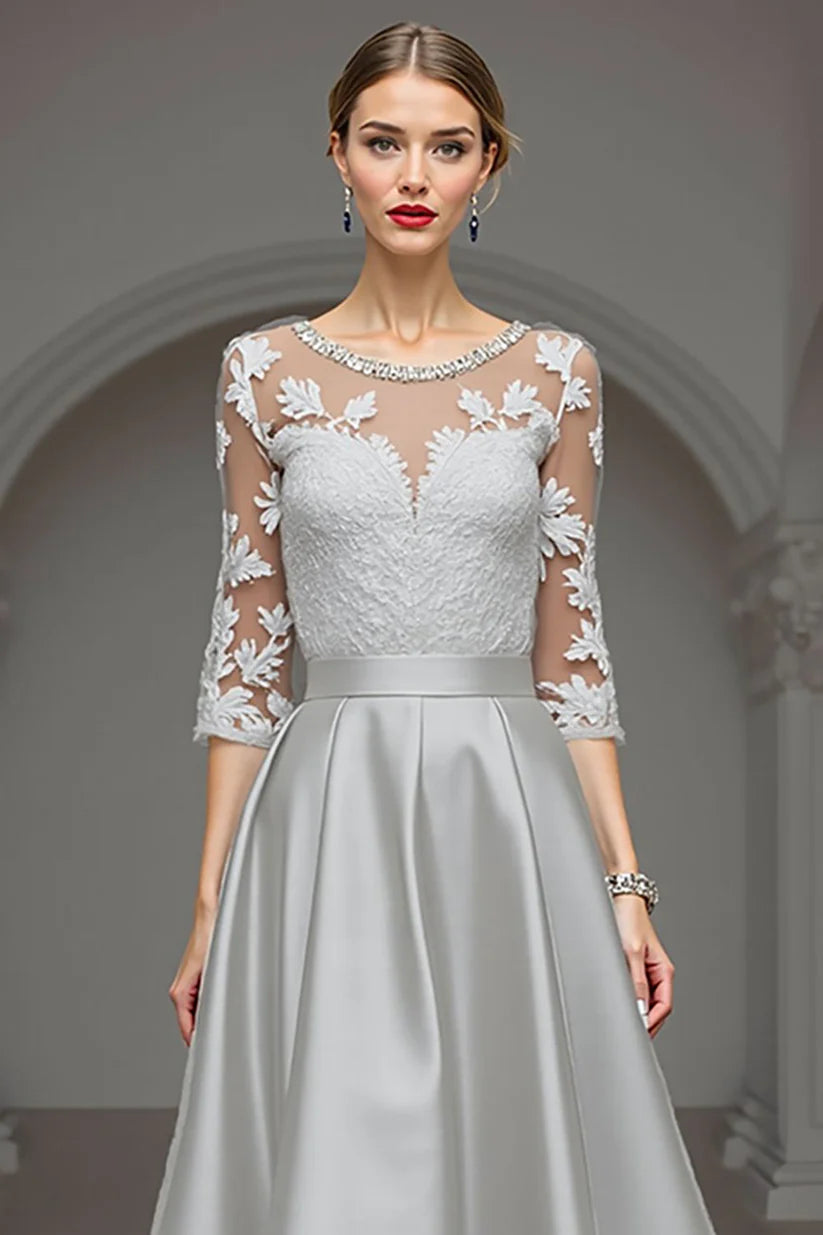 Navy A Line Long Satin Mother of the Bride Dress with Lace