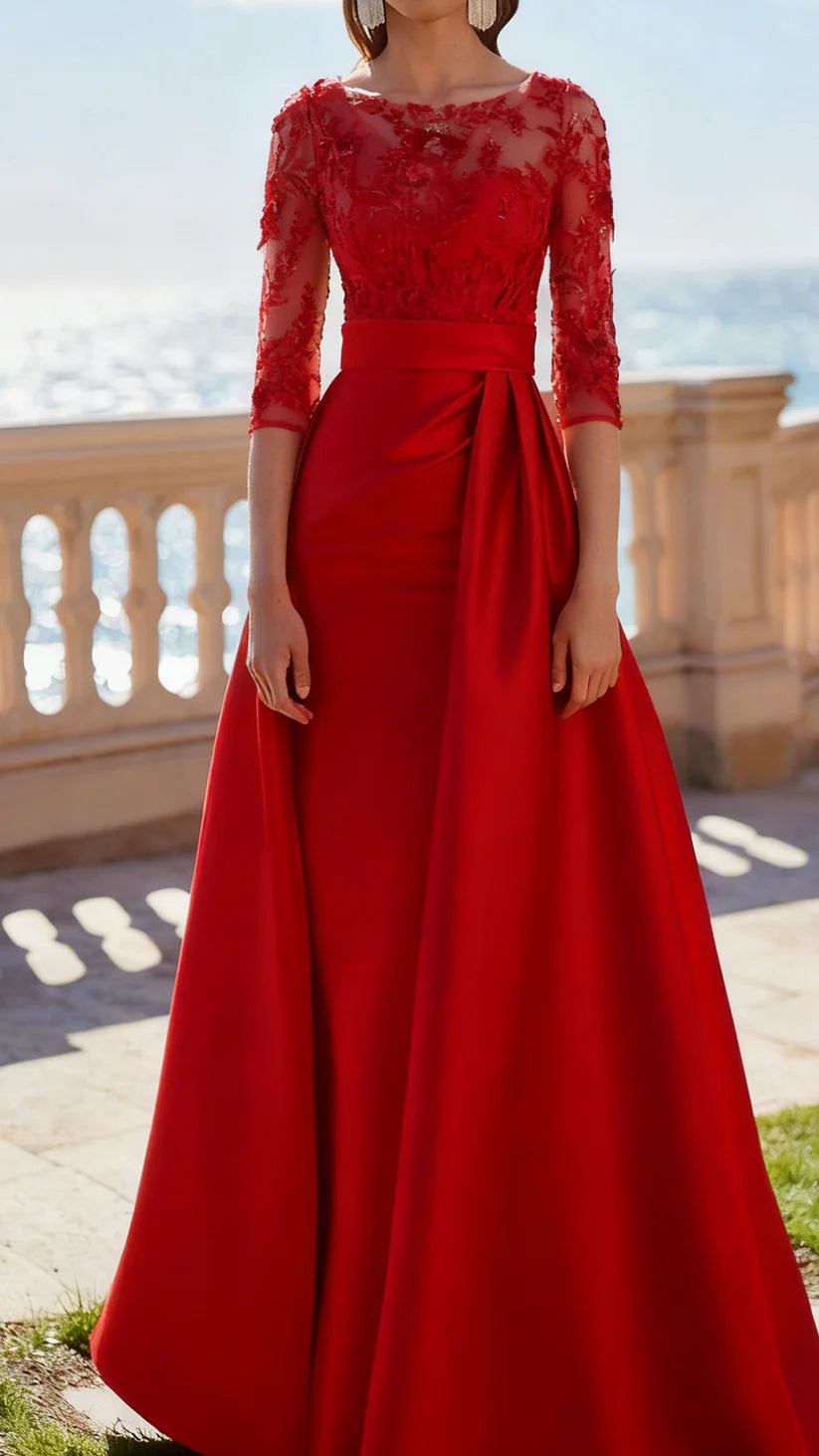 Scoop Long Sleeves Appliques Satin Sheath Mother of Bride Dress