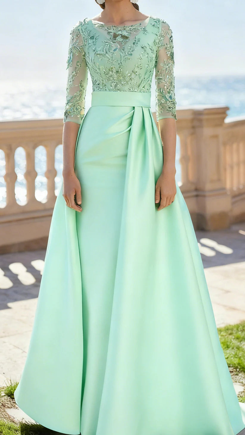 Scoop Long Sleeves Appliques Satin Sheath Mother of Bride Dress