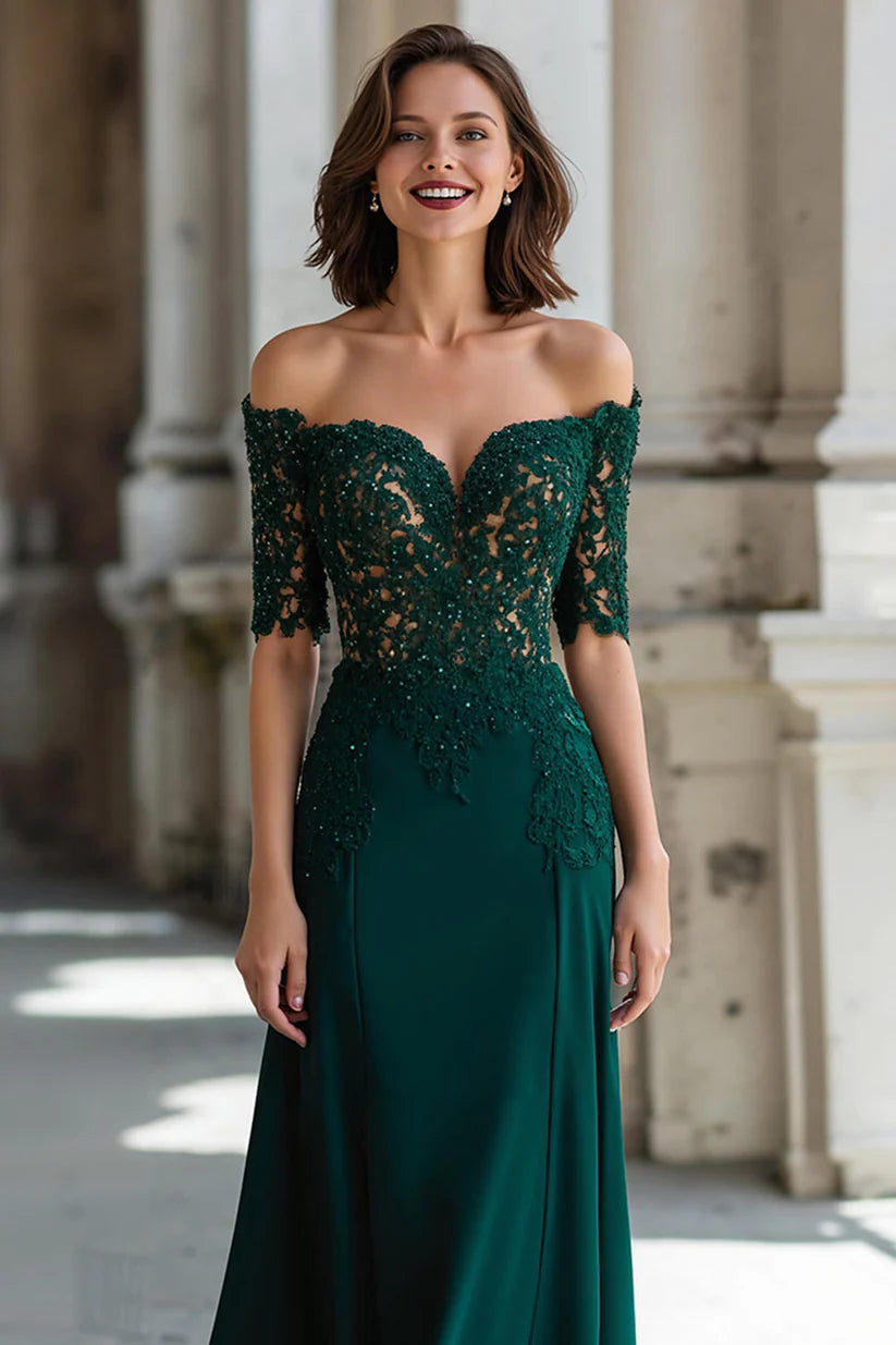 Dark Green Off the Shoulder Chiffon Sheath Long Mother of the Bride Dress with Lace