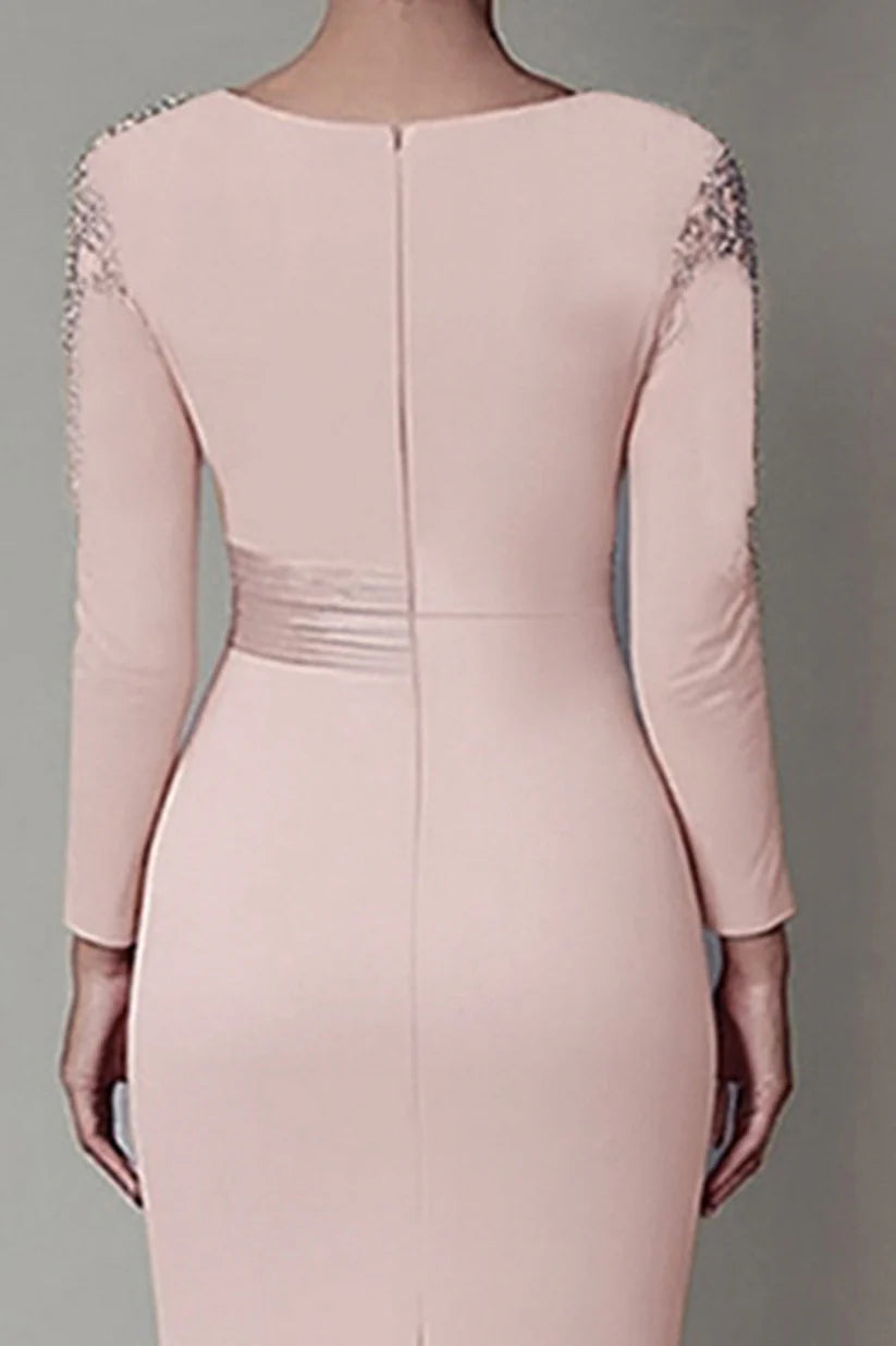 Blush Lace Sheath Mother Of The Bride Dress with Long Sleeves