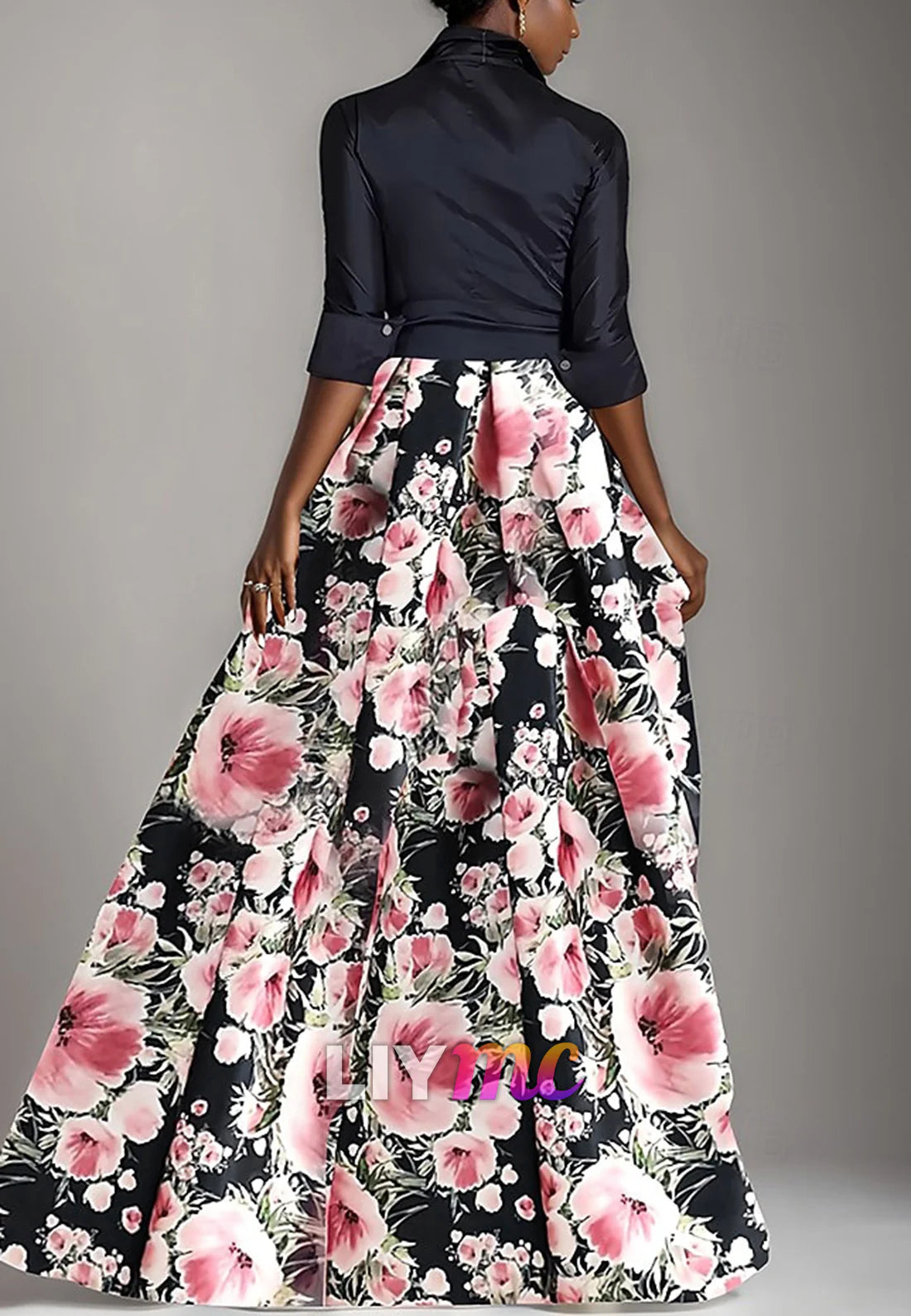A-Line Mother of the Bride Dress Floral Print Shirt Dress Elegant Bow Pleats Floor Length Shirt Collar Satin
