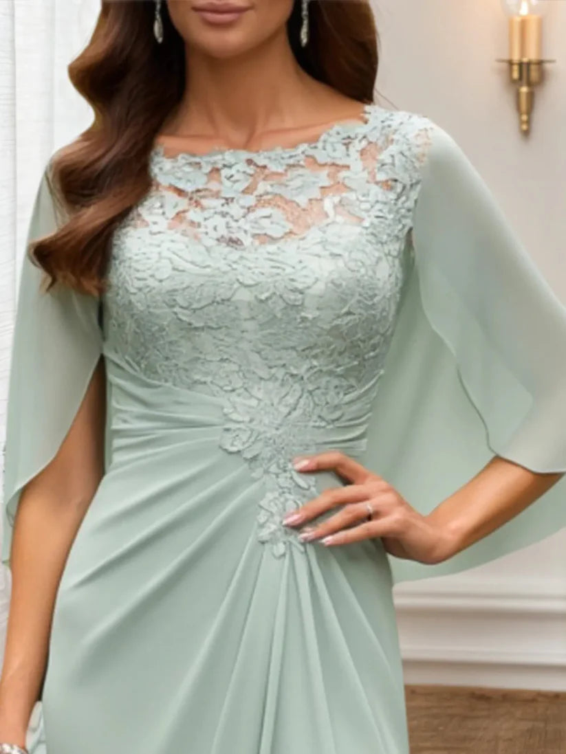 Mother of the Bride Dress Green Lace Crew Neck Cape Maxi Dress