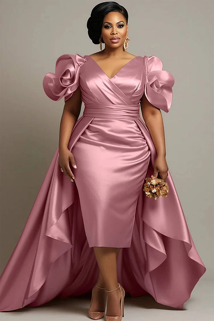 Plus Size Mother Of The Bride Champagne Short Sleeve Peplum 3D Satin Midi Dresses