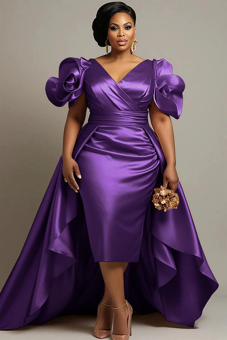 Plus Size Mother Of The Bride Champagne Short Sleeve Peplum 3D Satin Midi Dresses