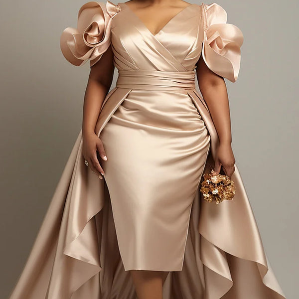 plus size champagne dress Plus Size Mother Of The Bride Champagne Short Sleeve Peplum 3D Satin M – BL Dress