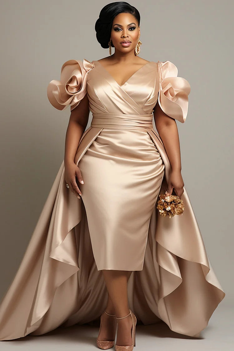 plus size peplum dress for wedding Mermaid Plus Size Peplum Wedding Dress of satin and lace. Lace motifs cover bodice front and back and are applied to peplum. Peplum is detachable. Lace cut out sleeves make a beautiful