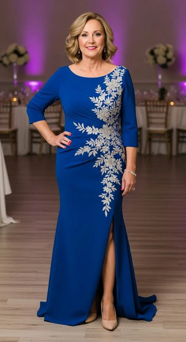 Royal Blue Sheath White Appliques Mother Of Bride/Groom Dresses Evening Formal Gown