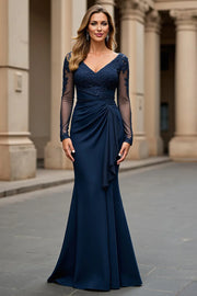 navy blue long sleeve mother of the bride dress Dark Navy Mother Of The Bride Dresses Sheath 3/4 Length Sleeves V-Neck Ruched Long Mother Of The Bride Dress