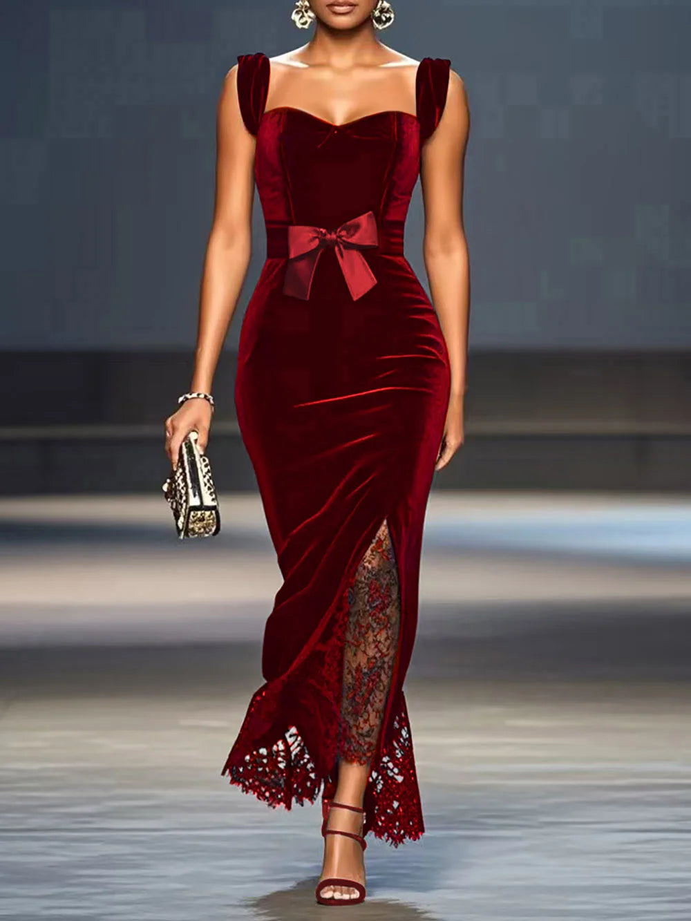 Black Lace Bow Sleeveless Mermaid Maxi Velvet Dress – BL Dress