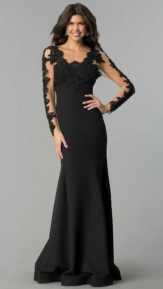 Elegant Sheath Navy Blue Long Sleeve Lace Appliques Mother of the Bride/Groom Dress Evening Formal Dress