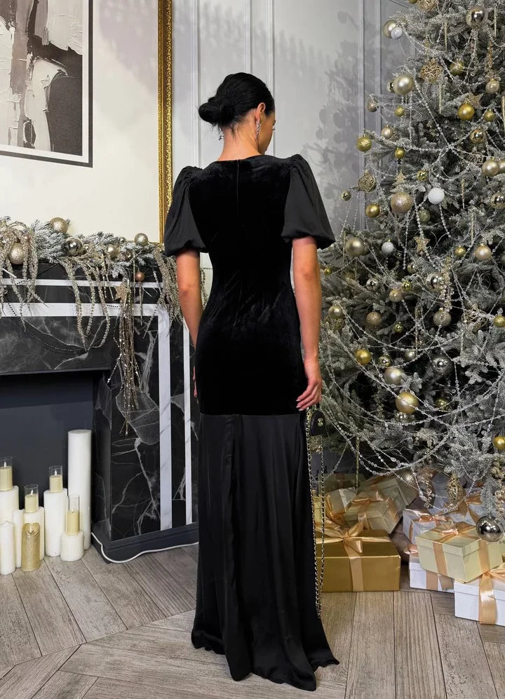 Elegant Mermaid Crew-Neck Puff-Sleeve Velvet-Mix Floor-Length Evening Dress