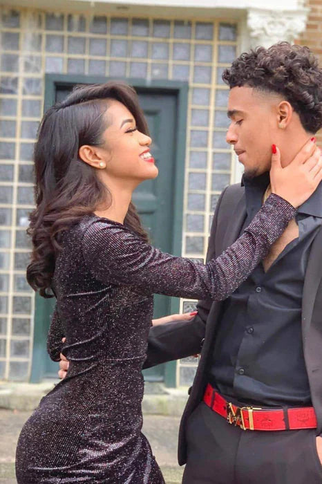 Shiny Black Deep V Neck Long Sleeves Prom Dresses