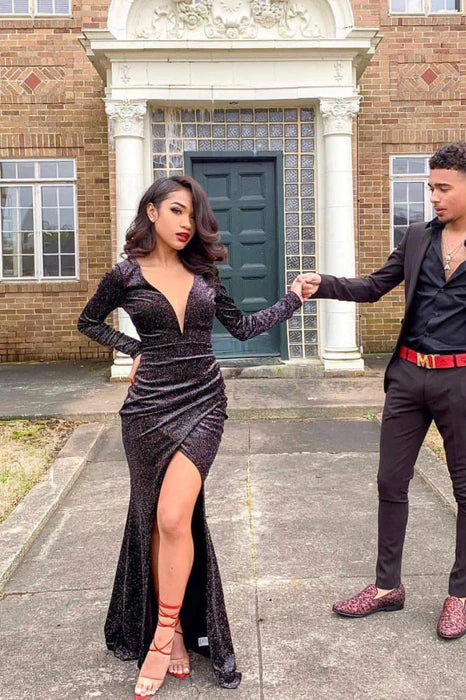 Shiny Black Deep V Neck Long Sleeves Prom Dresses