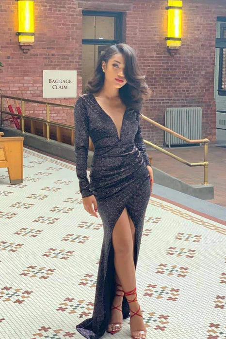 Shiny Black Deep V Neck Long Sleeves Prom Dresses